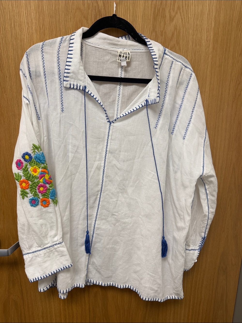 Sister Mary Embroidered 100% Cotton White Peasant Blouse with Blue Trim Size L